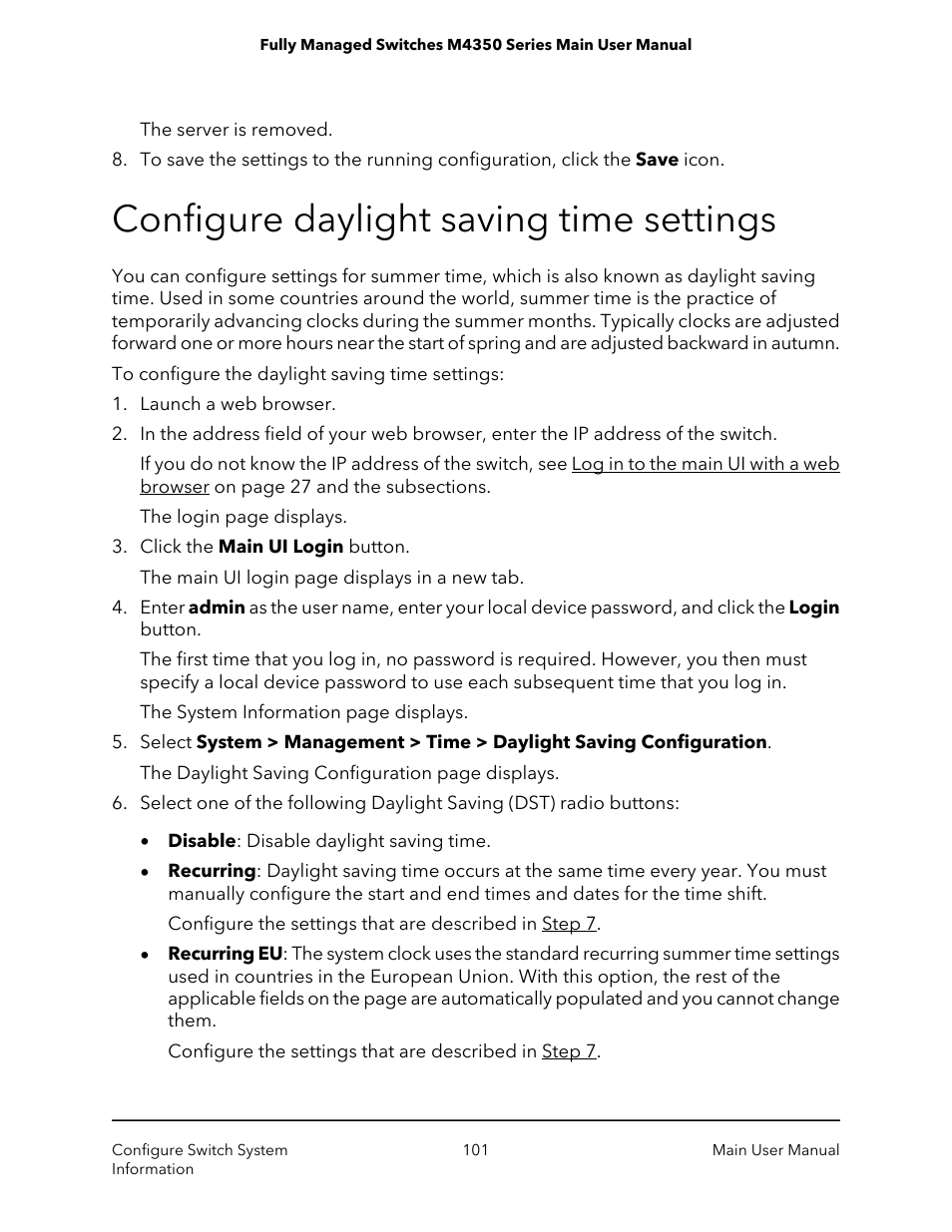 Configure daylight saving time settings | NETGEAR M4350-24F4V 24-Port 10G SFP+ Managed AV Network Switch User Manual | Page 101 / 971