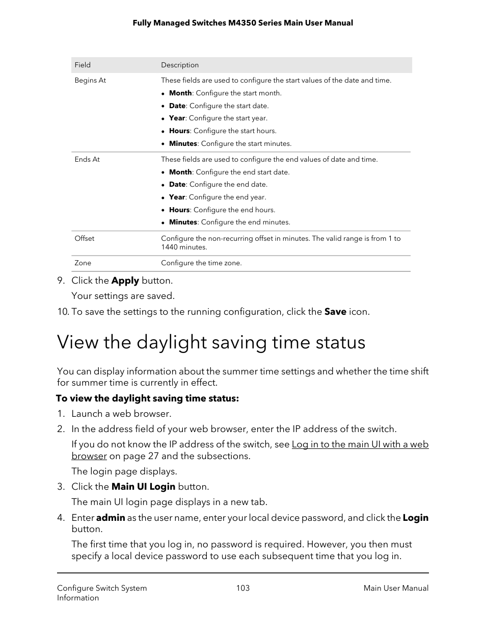 View the daylight saving time status | NETGEAR M4350-24F4V 24-Port 10G SFP+ Managed AV Network Switch User Manual | Page 103 / 971