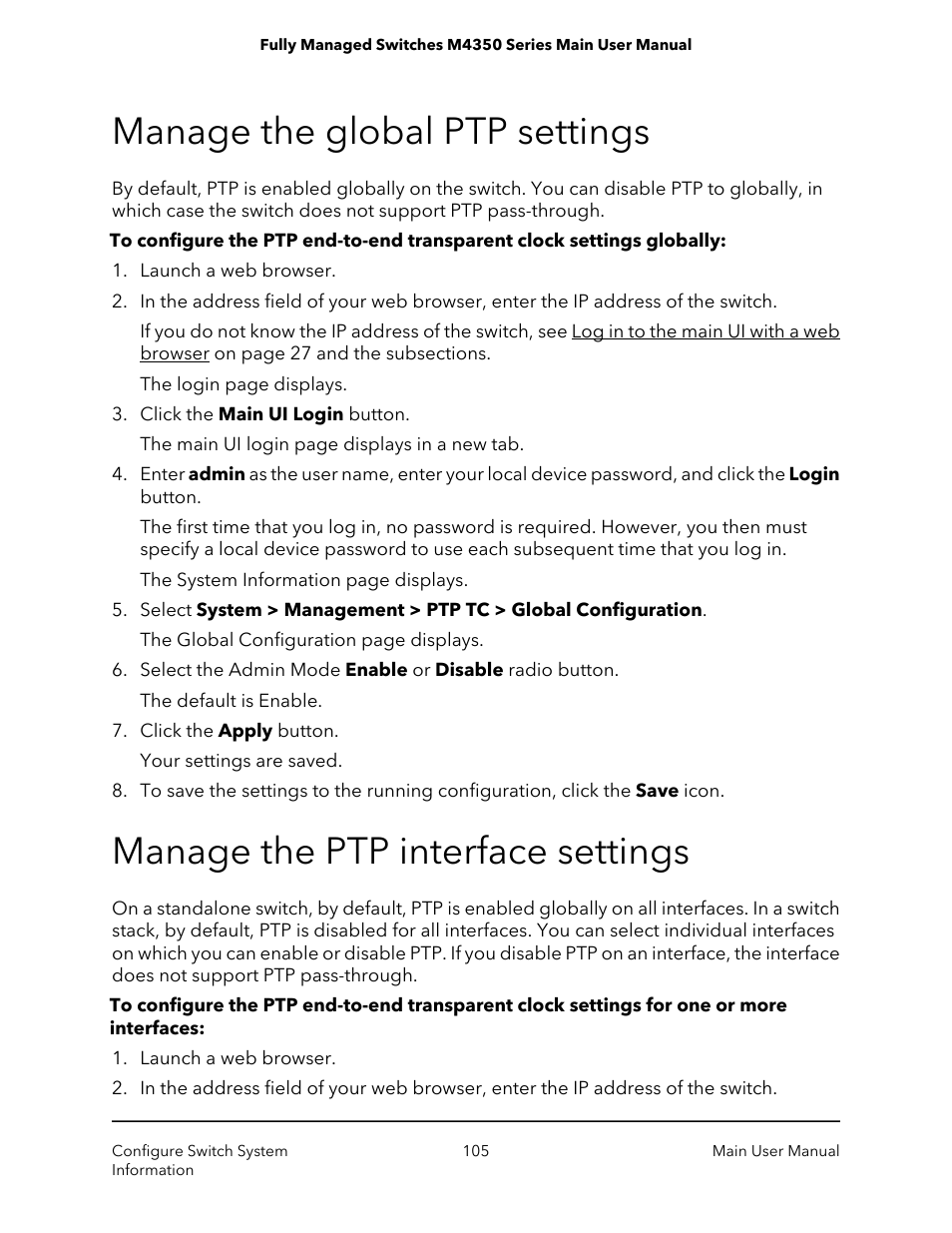 Manage the global ptp settings, Manage the ptp interface settings | NETGEAR M4350-24F4V 24-Port 10G SFP+ Managed AV Network Switch User Manual | Page 105 / 971