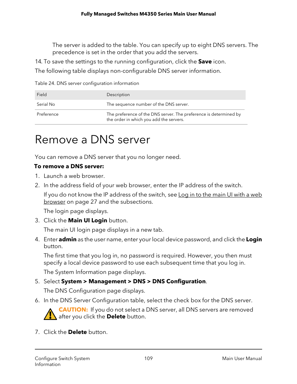 Remove a dns server | NETGEAR M4350-24F4V 24-Port 10G SFP+ Managed AV Network Switch User Manual | Page 109 / 971