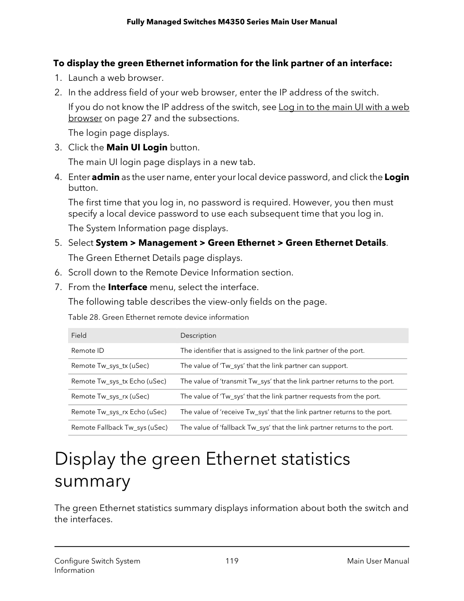 Display the green ethernet statistics summary | NETGEAR M4350-24F4V 24-Port 10G SFP+ Managed AV Network Switch User Manual | Page 119 / 971