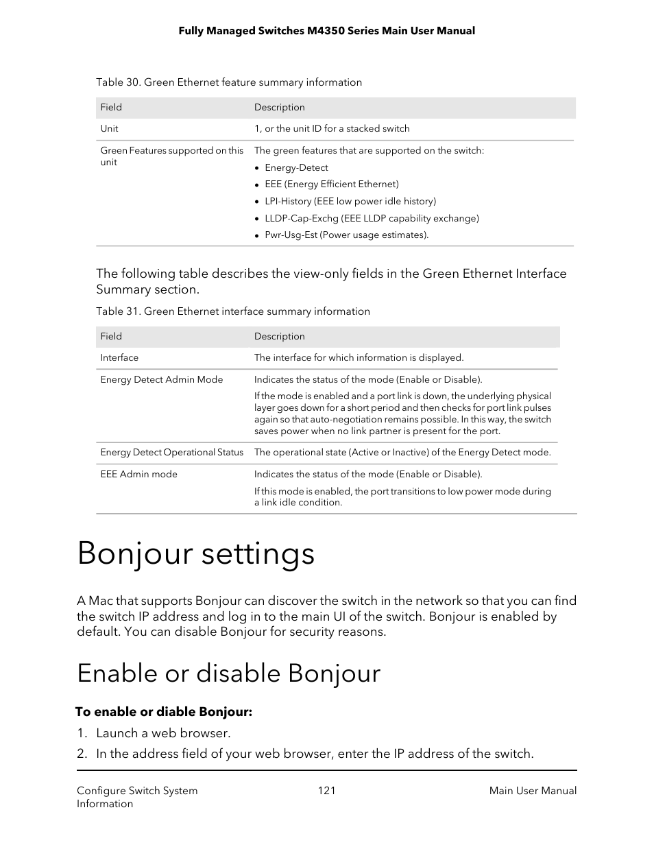 Bonjour settings, Enable or disable bonjour | NETGEAR M4350-24F4V 24-Port 10G SFP+ Managed AV Network Switch User Manual | Page 121 / 971