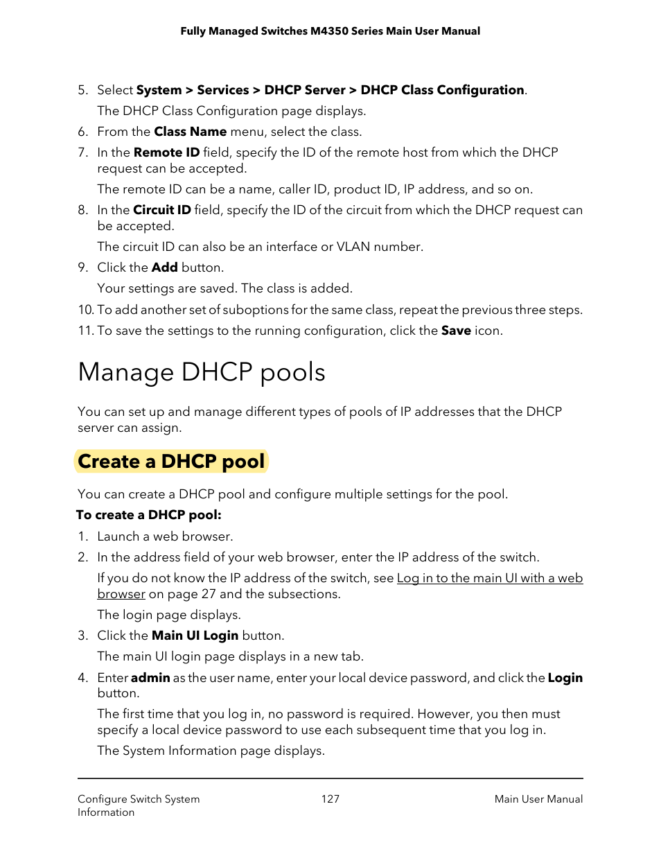 Manage dhcp pools, Create a dhcp pool | NETGEAR M4350-24F4V 24-Port 10G SFP+ Managed AV Network Switch User Manual | Page 127 / 971