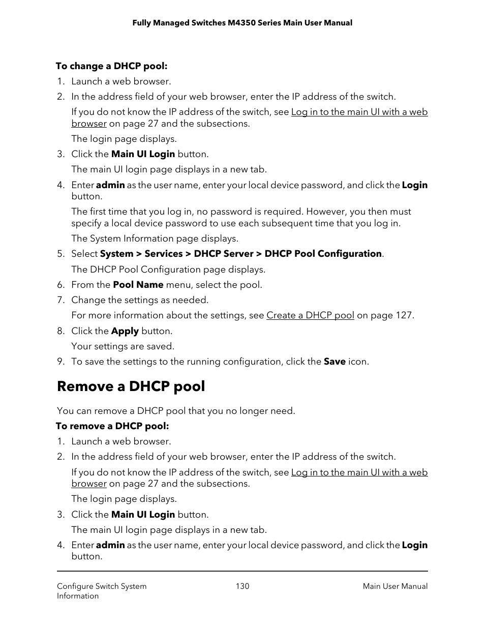 Remove a dhcp pool | NETGEAR M4350-24F4V 24-Port 10G SFP+ Managed AV Network Switch User Manual | Page 130 / 971