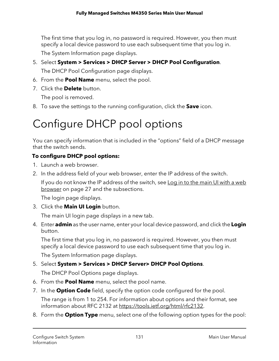 Configure dhcp pool options | NETGEAR M4350-24F4V 24-Port 10G SFP+ Managed AV Network Switch User Manual | Page 131 / 971