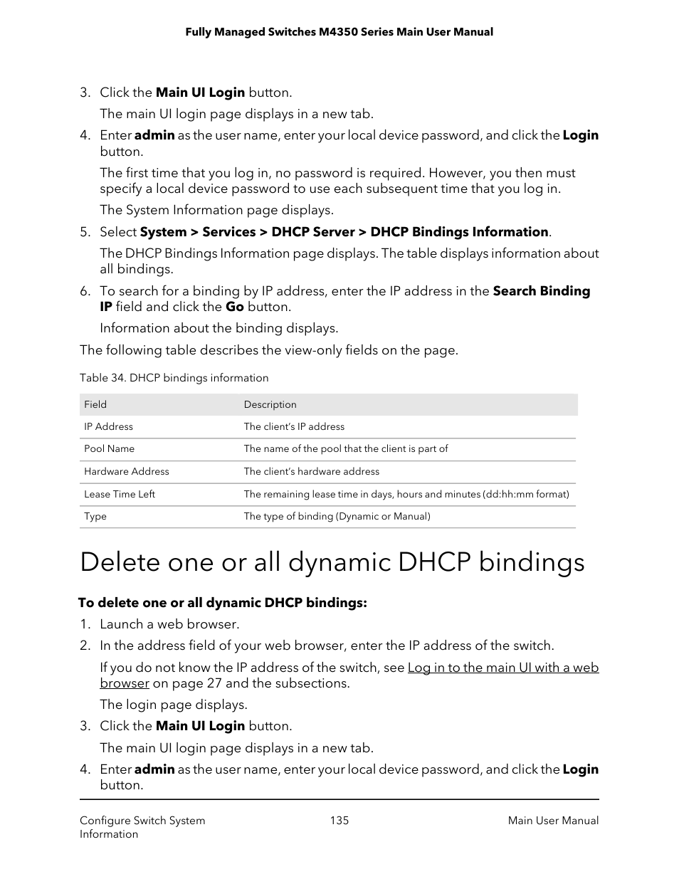 Delete one or all dynamic dhcp bindings | NETGEAR M4350-24F4V 24-Port 10G SFP+ Managed AV Network Switch User Manual | Page 135 / 971