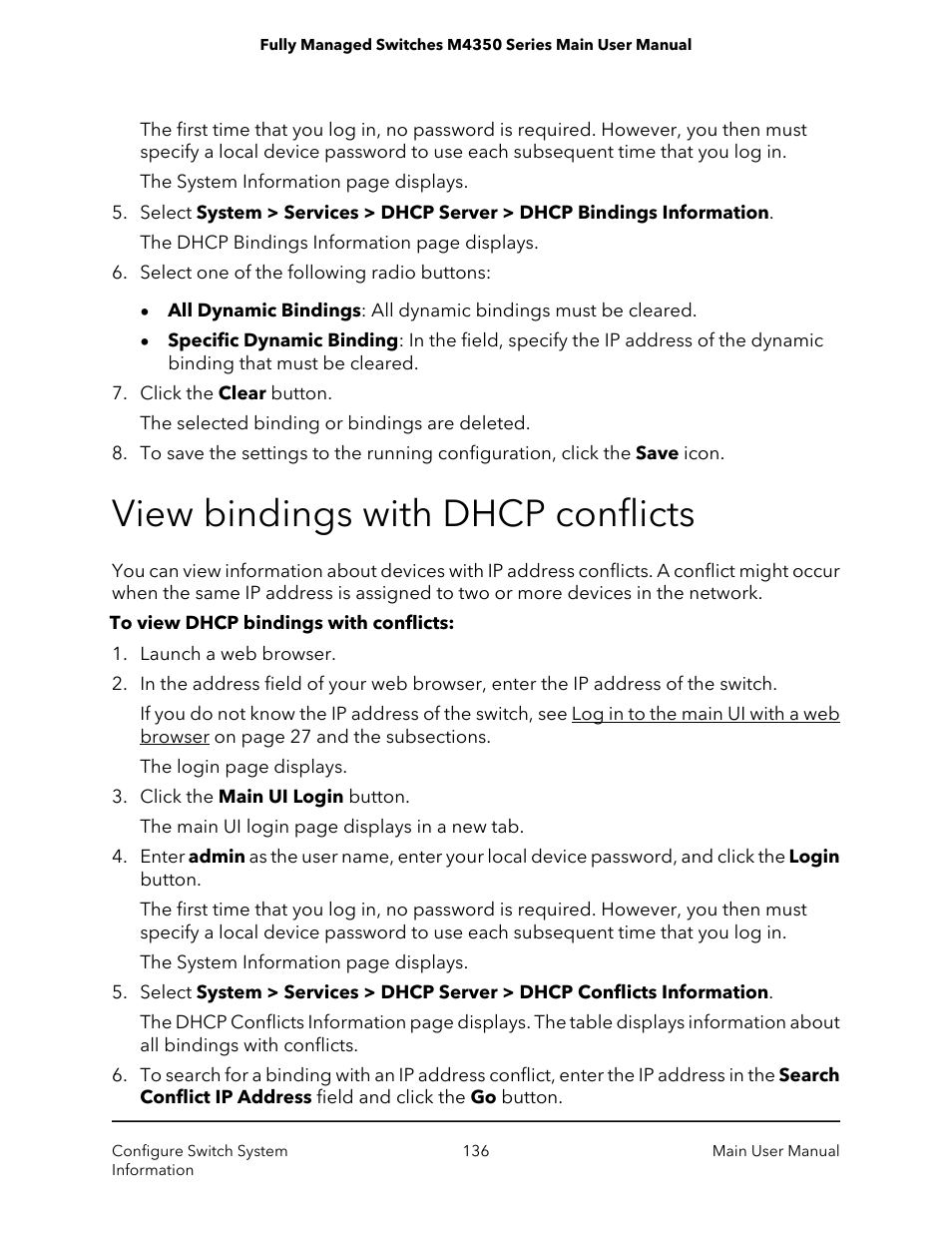 View bindings with dhcp conflicts | NETGEAR M4350-24F4V 24-Port 10G SFP+ Managed AV Network Switch User Manual | Page 136 / 971