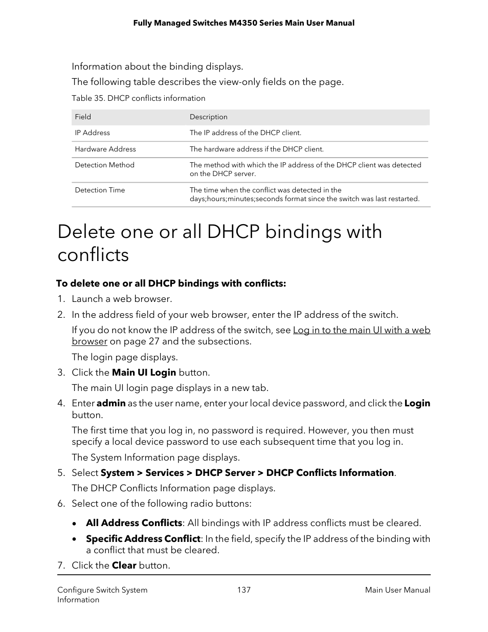 Delete one or all dhcp bindings with conflicts | NETGEAR M4350-24F4V 24-Port 10G SFP+ Managed AV Network Switch User Manual | Page 137 / 971