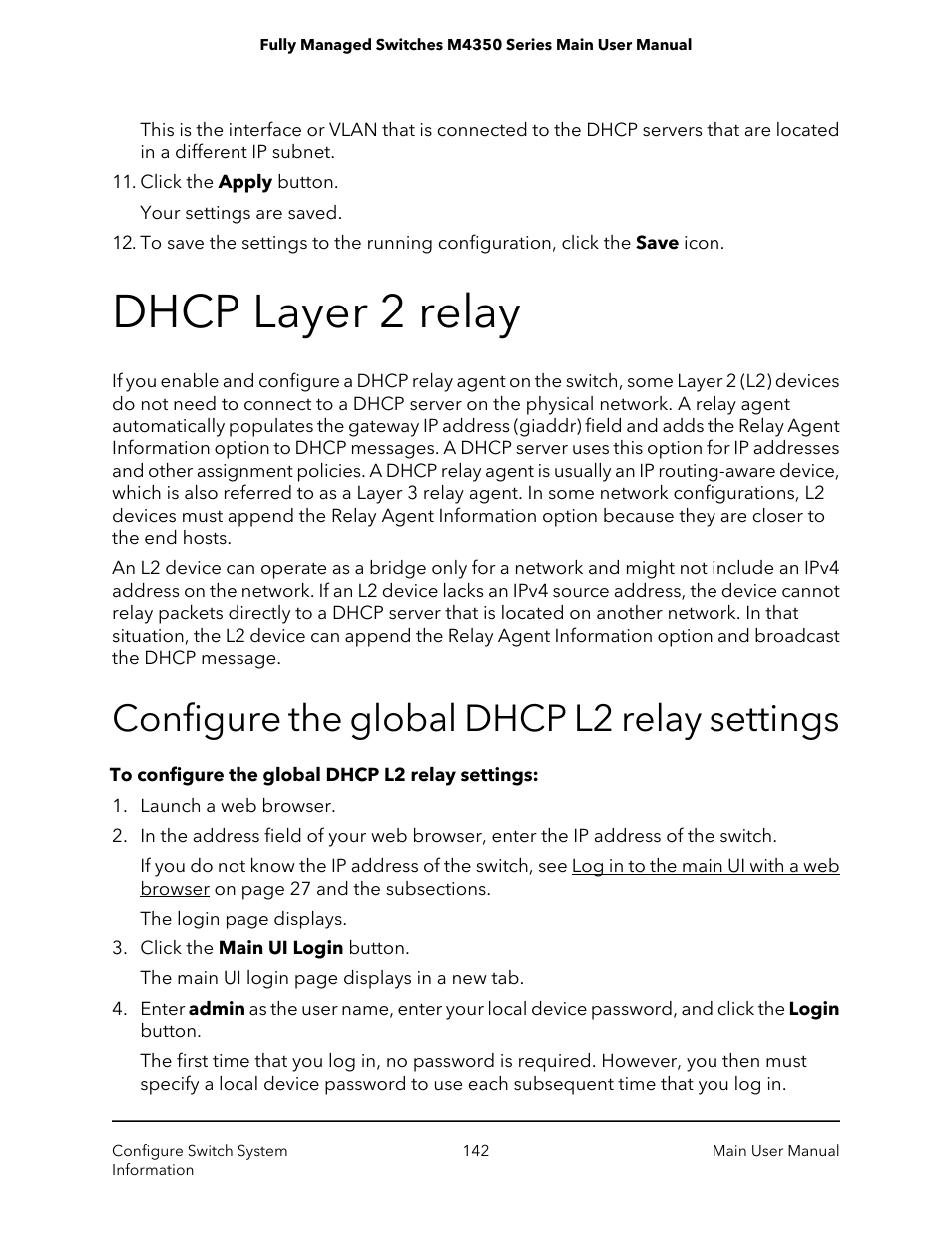 Dhcp layer 2 relay, Configure the global dhcp l2 relay settings | NETGEAR M4350-24F4V 24-Port 10G SFP+ Managed AV Network Switch User Manual | Page 142 / 971