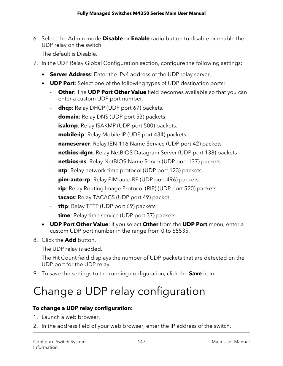 Change a udp relay configuration | NETGEAR M4350-24F4V 24-Port 10G SFP+ Managed AV Network Switch User Manual | Page 147 / 971