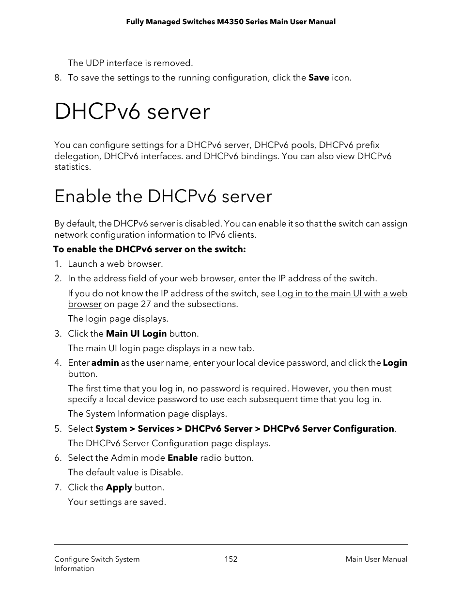 Dhcpv6 server, Enable the dhcpv6 server | NETGEAR M4350-24F4V 24-Port 10G SFP+ Managed AV Network Switch User Manual | Page 152 / 971