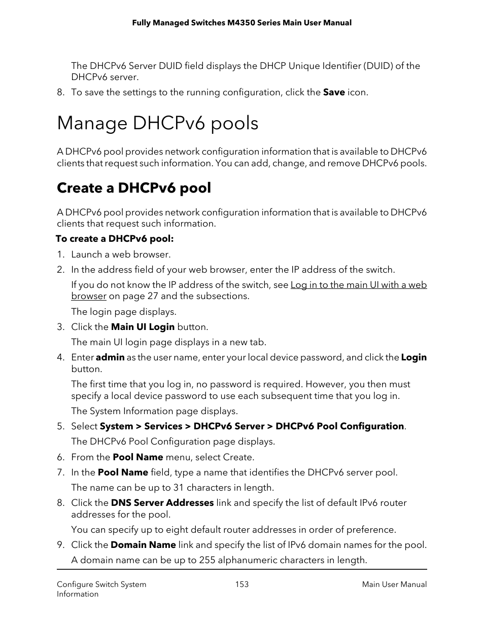 Manage dhcpv6 pools, Create a dhcpv6 pool | NETGEAR M4350-24F4V 24-Port 10G SFP+ Managed AV Network Switch User Manual | Page 153 / 971