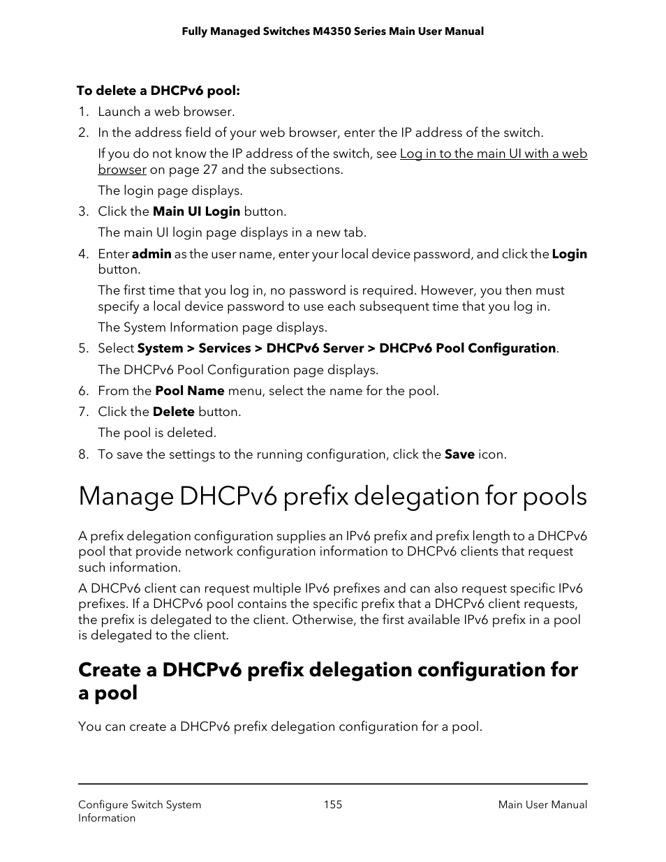 Manage dhcpv6 prefix delegation for pools | NETGEAR M4350-24F4V 24-Port 10G SFP+ Managed AV Network Switch User Manual | Page 155 / 971