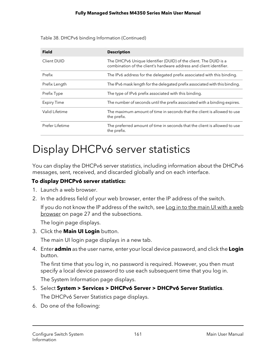 Display dhcpv6 server statistics | NETGEAR M4350-24F4V 24-Port 10G SFP+ Managed AV Network Switch User Manual | Page 161 / 971