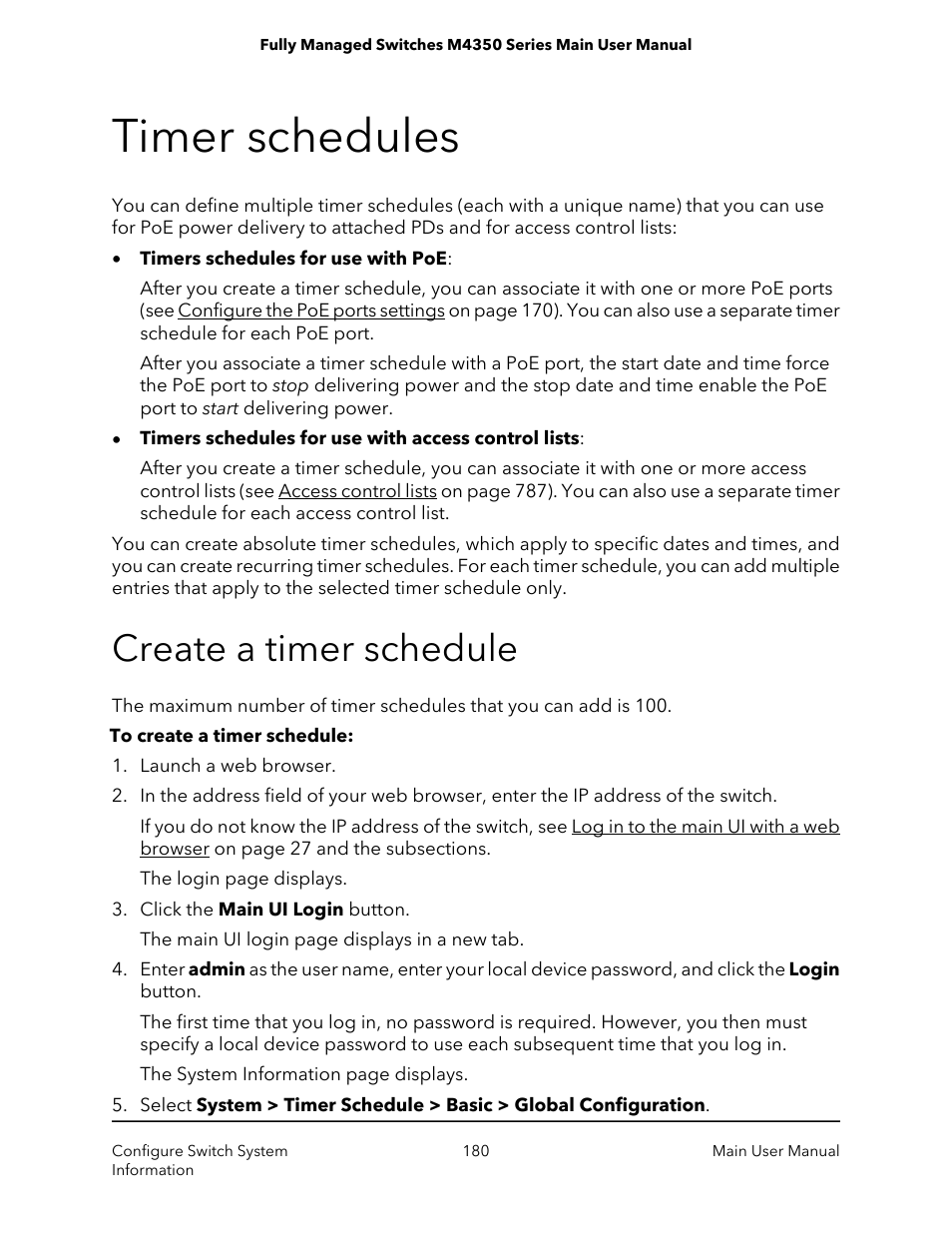 Timer schedules, Create a timer schedule | NETGEAR M4350-24F4V 24-Port 10G SFP+ Managed AV Network Switch User Manual | Page 180 / 971