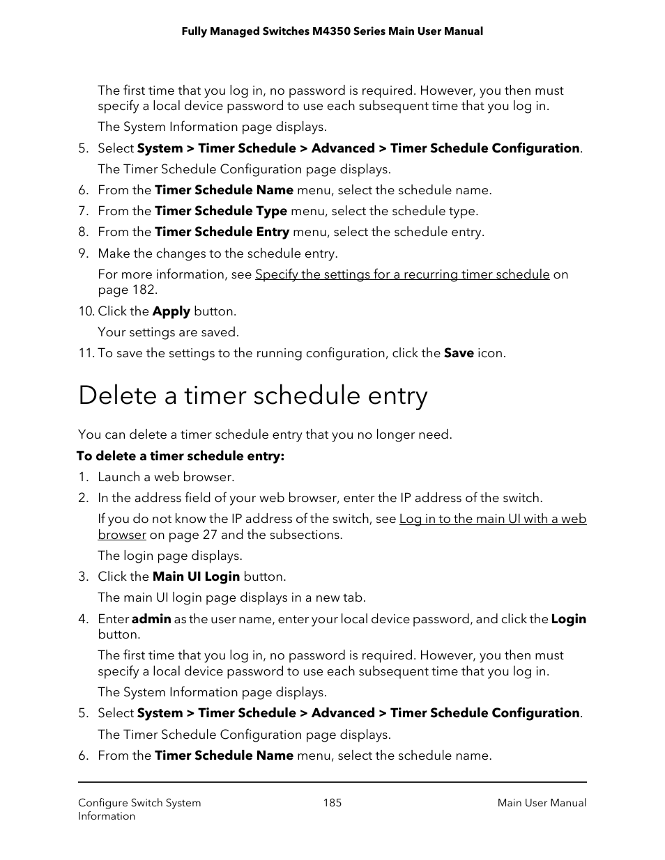 Delete a timer schedule entry | NETGEAR M4350-24F4V 24-Port 10G SFP+ Managed AV Network Switch User Manual | Page 185 / 971