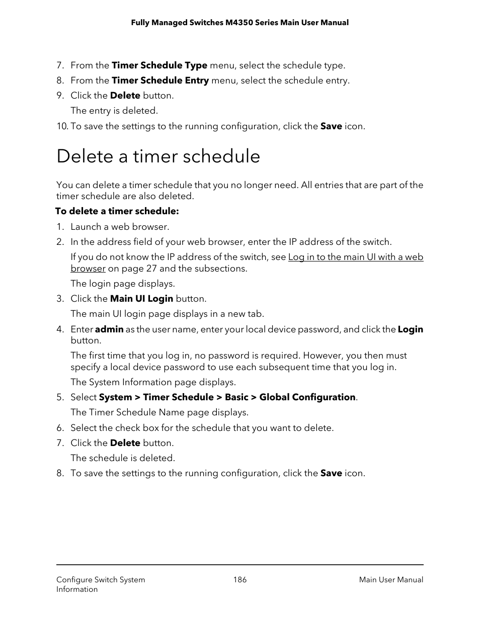 Delete a timer schedule | NETGEAR M4350-24F4V 24-Port 10G SFP+ Managed AV Network Switch User Manual | Page 186 / 971