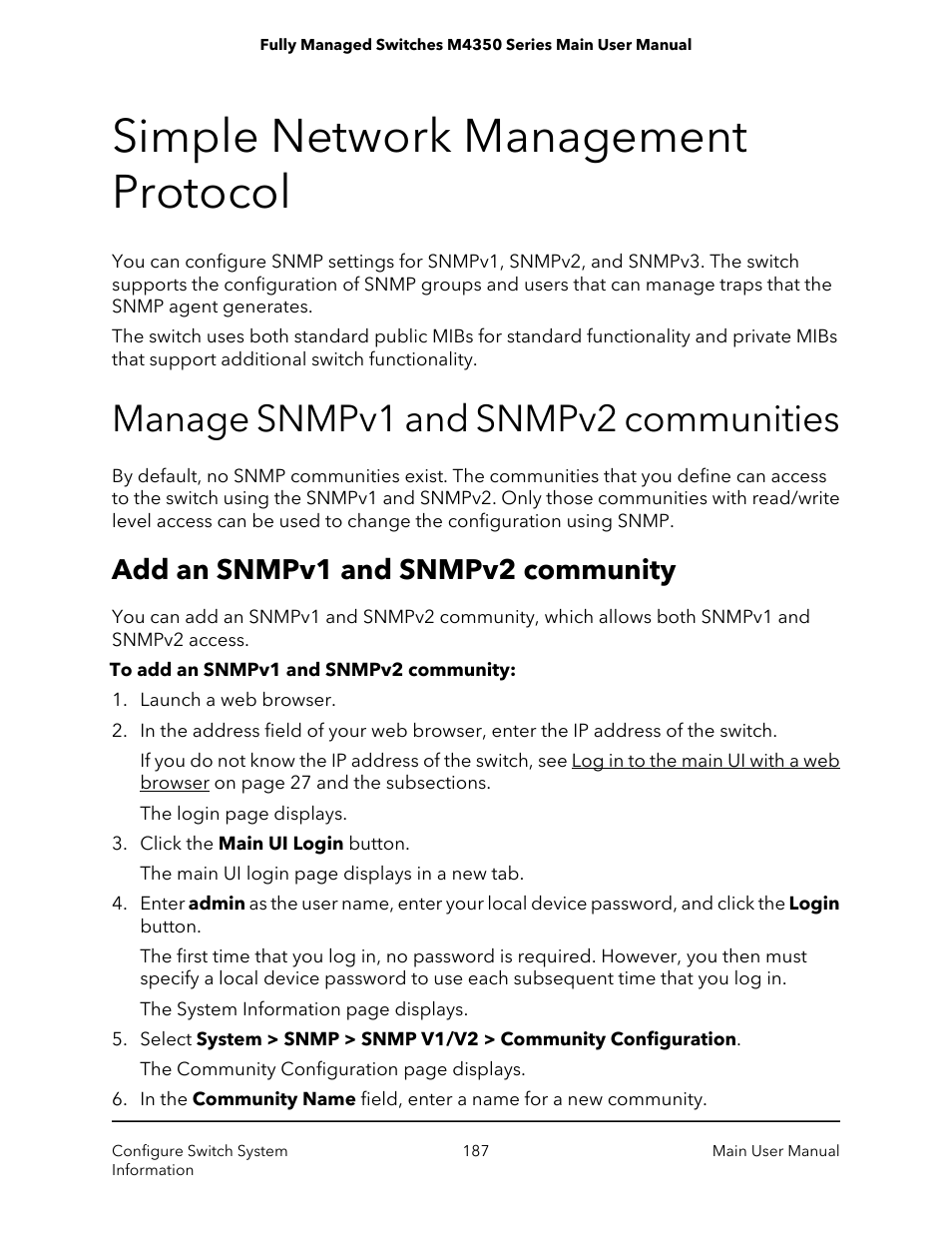 Simple network management protocol, Manage snmpv1 and snmpv2 communities, Add an snmpv1 and snmpv2 community | NETGEAR M4350-24F4V 24-Port 10G SFP+ Managed AV Network Switch User Manual | Page 187 / 971