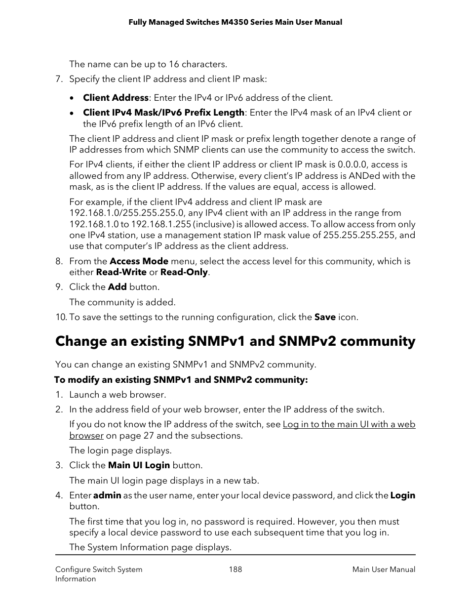 Change an existing snmpv1 and snmpv2 community | NETGEAR M4350-24F4V 24-Port 10G SFP+ Managed AV Network Switch User Manual | Page 188 / 971