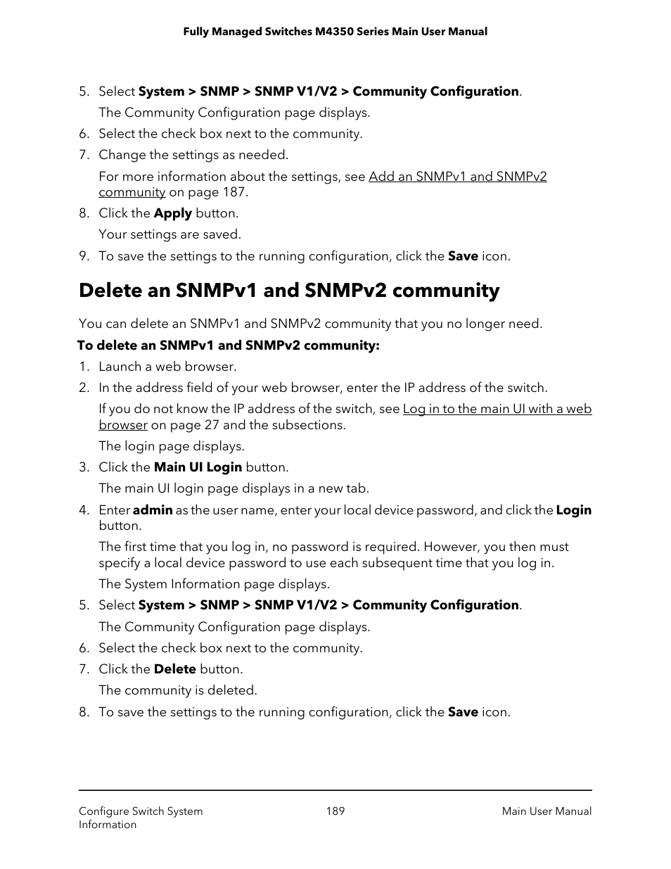 Delete an snmpv1 and snmpv2 community | NETGEAR M4350-24F4V 24-Port 10G SFP+ Managed AV Network Switch User Manual | Page 189 / 971