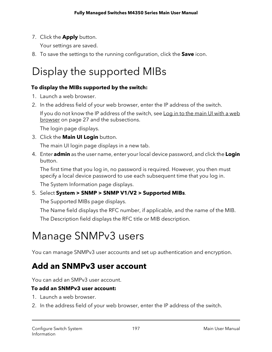 Display the supported mibs, Manage snmpv3 users, Add an snmpv3 user account | Display the supported mibs manage snmpv3 users | NETGEAR M4350-24F4V 24-Port 10G SFP+ Managed AV Network Switch User Manual | Page 197 / 971