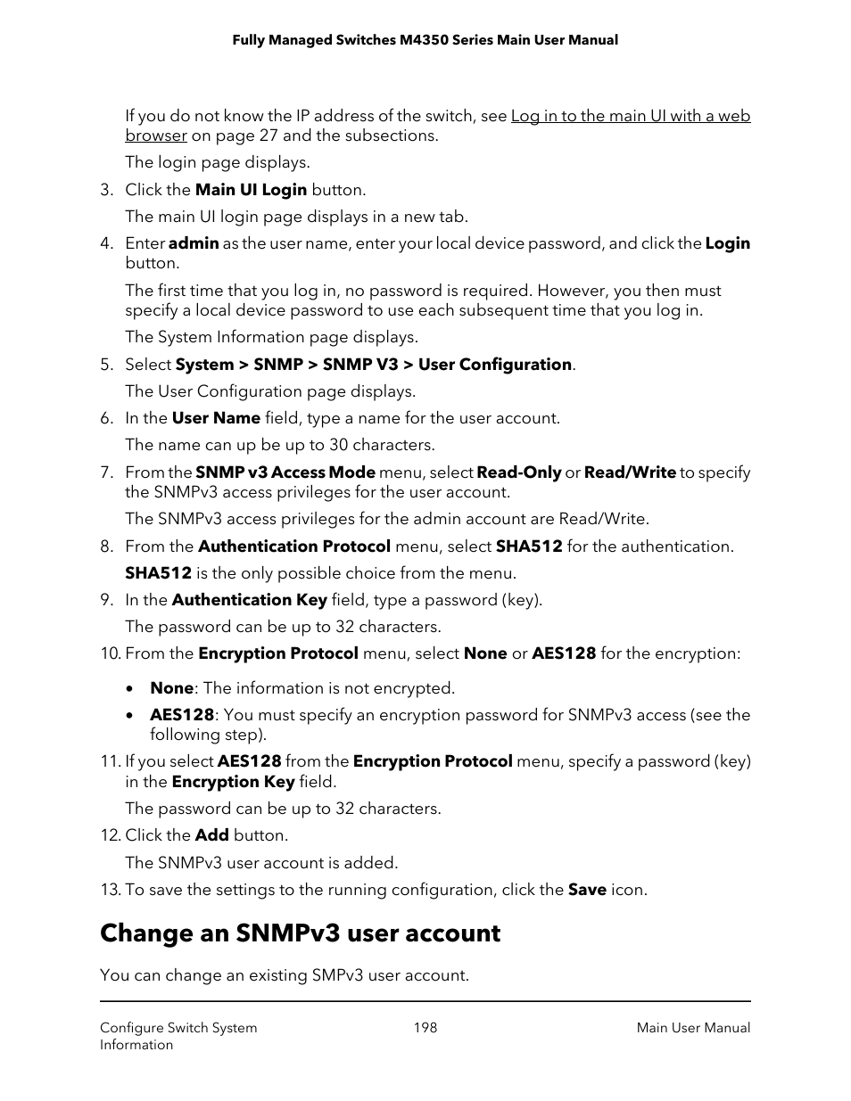 Change an snmpv3 user account | NETGEAR M4350-24F4V 24-Port 10G SFP+ Managed AV Network Switch User Manual | Page 198 / 971