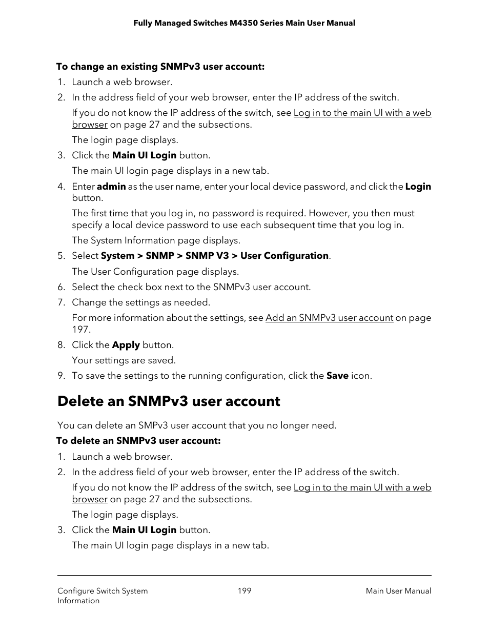 Delete an snmpv3 user account | NETGEAR M4350-24F4V 24-Port 10G SFP+ Managed AV Network Switch User Manual | Page 199 / 971