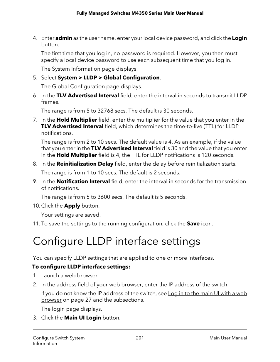 Configure lldp interface settings | NETGEAR M4350-24F4V 24-Port 10G SFP+ Managed AV Network Switch User Manual | Page 201 / 971