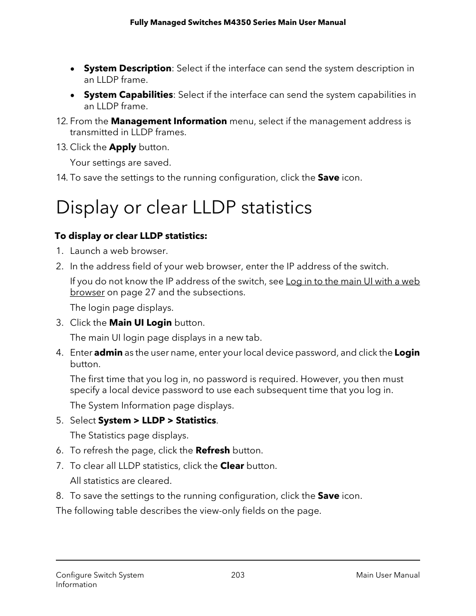 Display or clear lldp statistics | NETGEAR M4350-24F4V 24-Port 10G SFP+ Managed AV Network Switch User Manual | Page 203 / 971