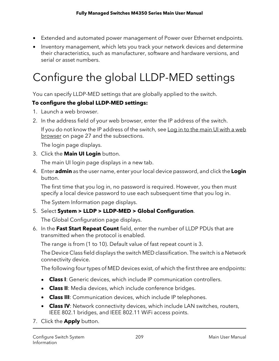 Configure the global lldp-med settings | NETGEAR M4350-24F4V 24-Port 10G SFP+ Managed AV Network Switch User Manual | Page 209 / 971