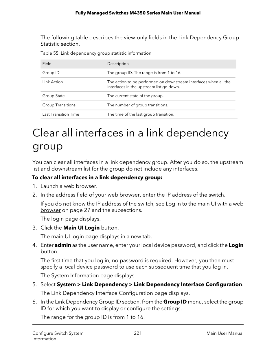 Clear all interfaces in a link dependency group | NETGEAR M4350-24F4V 24-Port 10G SFP+ Managed AV Network Switch User Manual | Page 221 / 971