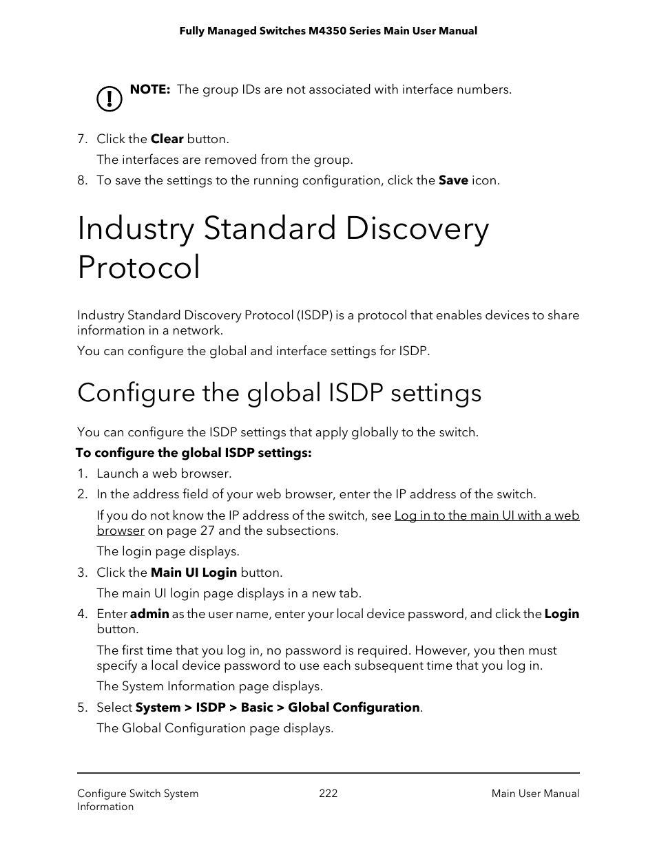 Industry standard discovery protocol, Configure the global isdp settings | NETGEAR M4350-24F4V 24-Port 10G SFP+ Managed AV Network Switch User Manual | Page 222 / 971