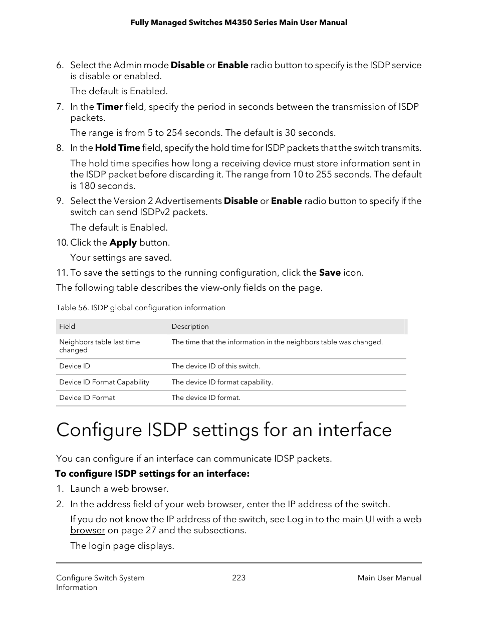 Configure isdp settings for an interface | NETGEAR M4350-24F4V 24-Port 10G SFP+ Managed AV Network Switch User Manual | Page 223 / 971