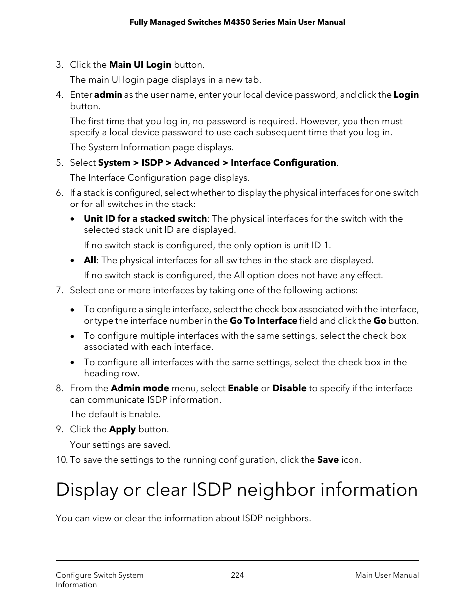 Display or clear isdp neighbor information | NETGEAR M4350-24F4V 24-Port 10G SFP+ Managed AV Network Switch User Manual | Page 224 / 971