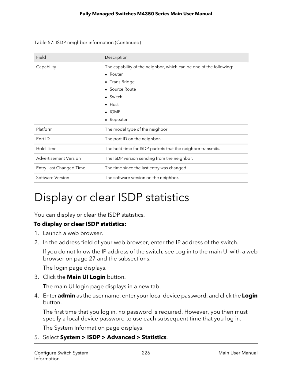 Display or clear isdp statistics | NETGEAR M4350-24F4V 24-Port 10G SFP+ Managed AV Network Switch User Manual | Page 226 / 971