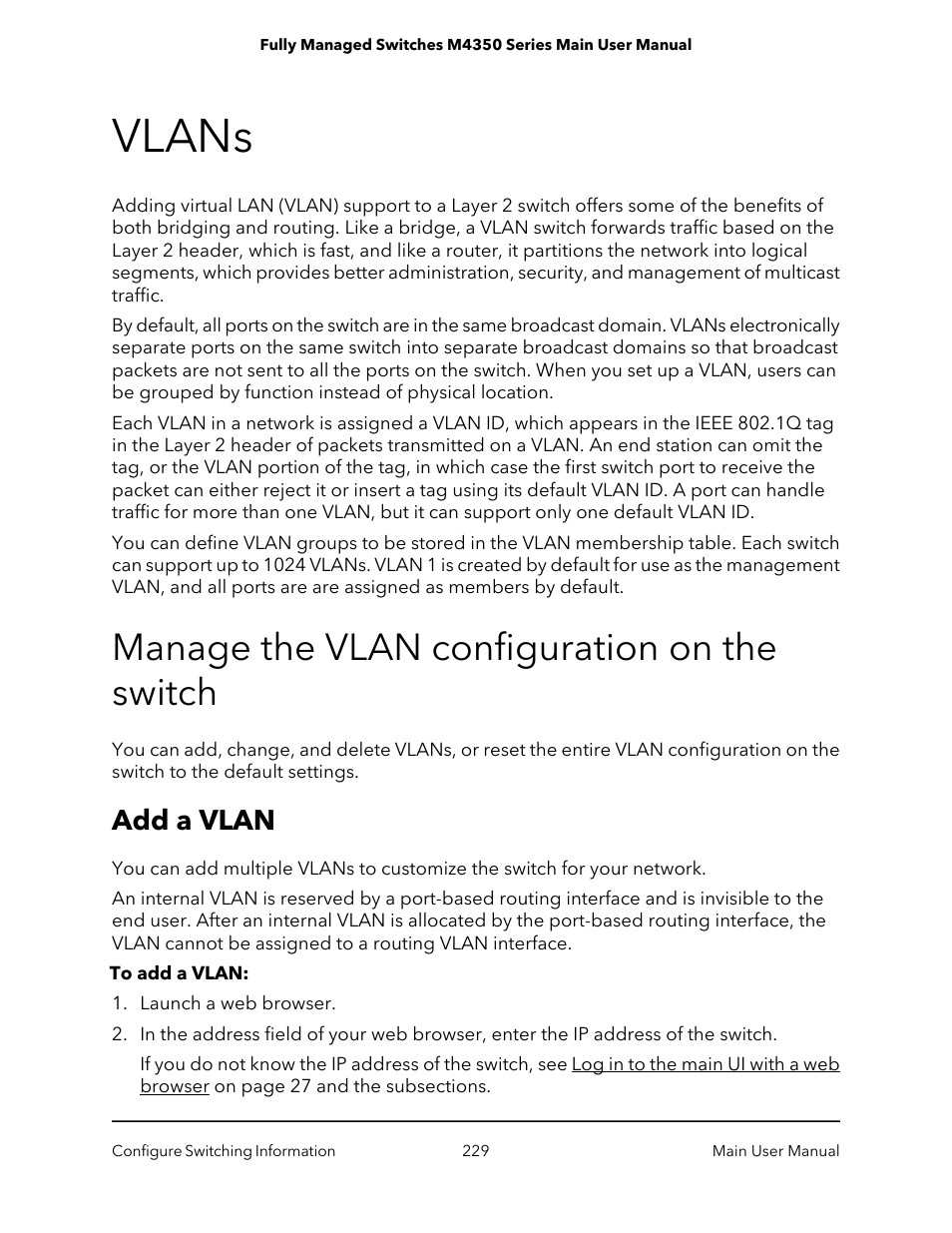 Vlans, Manage the vlan configuration on the switch, Add a vlan | NETGEAR M4350-24F4V 24-Port 10G SFP+ Managed AV Network Switch User Manual | Page 229 / 971