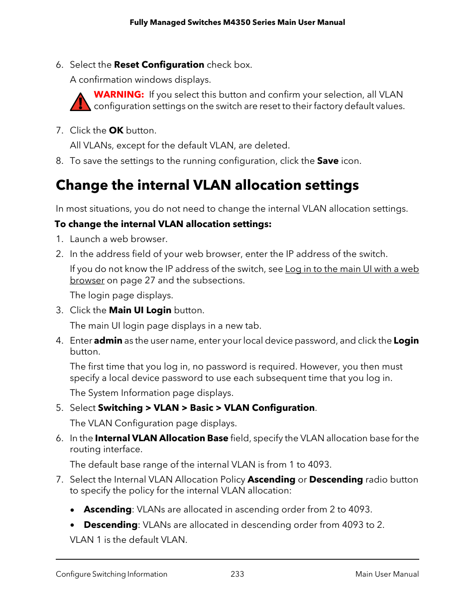 Change the internal vlan allocation settings | NETGEAR M4350-24F4V 24-Port 10G SFP+ Managed AV Network Switch User Manual | Page 233 / 971