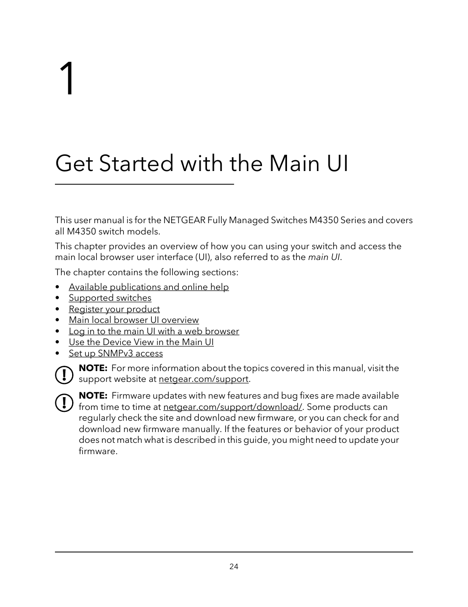 Get started with the main ui, Chapter 1 get started with the main ui | NETGEAR M4350-24F4V 24-Port 10G SFP+ Managed AV Network Switch User Manual | Page 24 / 971