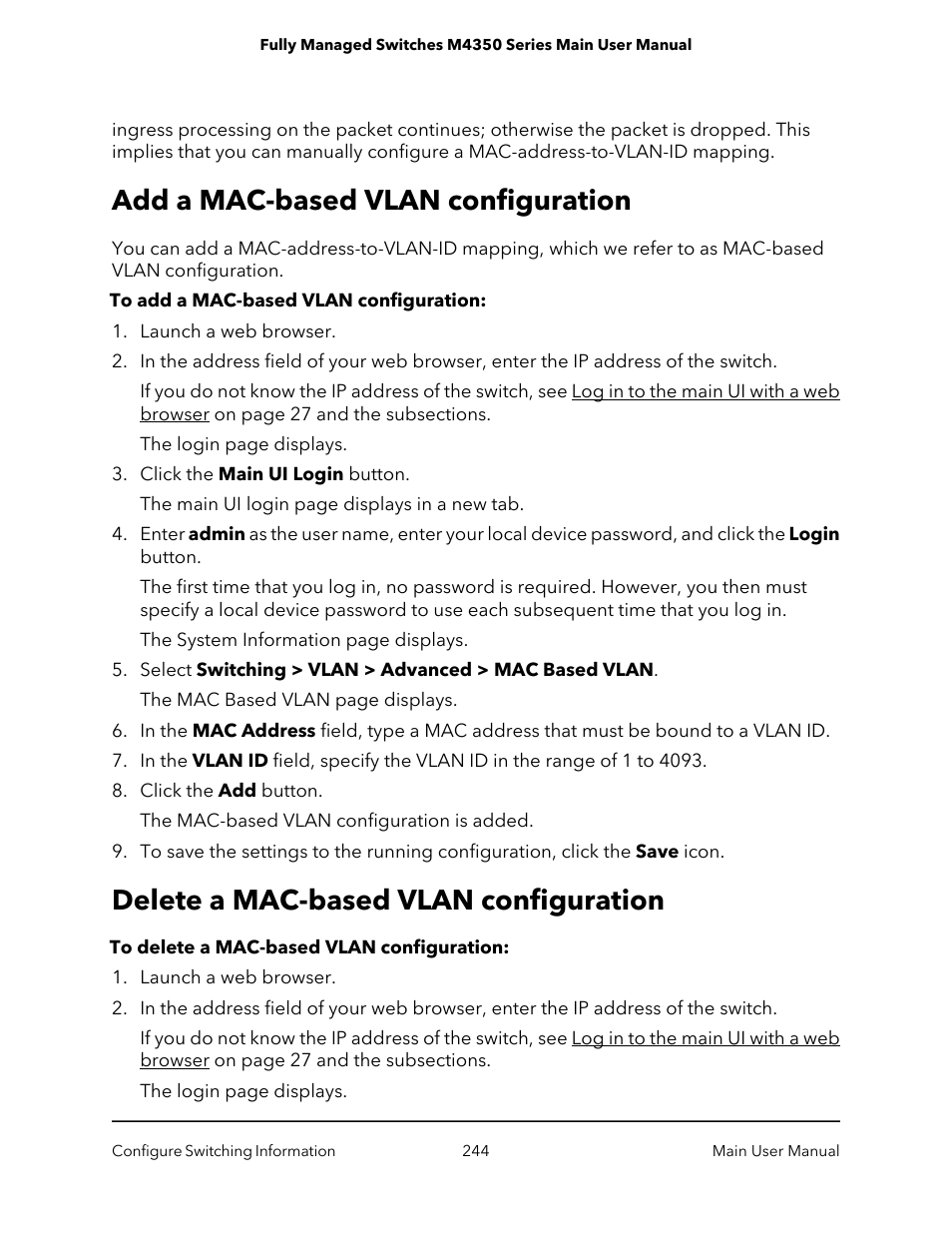 Add a mac-based vlan configuration, Delete a mac-based vlan configuration | NETGEAR M4350-24F4V 24-Port 10G SFP+ Managed AV Network Switch User Manual | Page 244 / 971