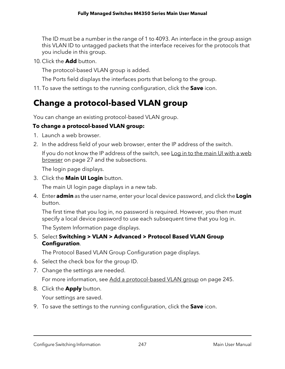 Change a protocol-based vlan group | NETGEAR M4350-24F4V 24-Port 10G SFP+ Managed AV Network Switch User Manual | Page 247 / 971