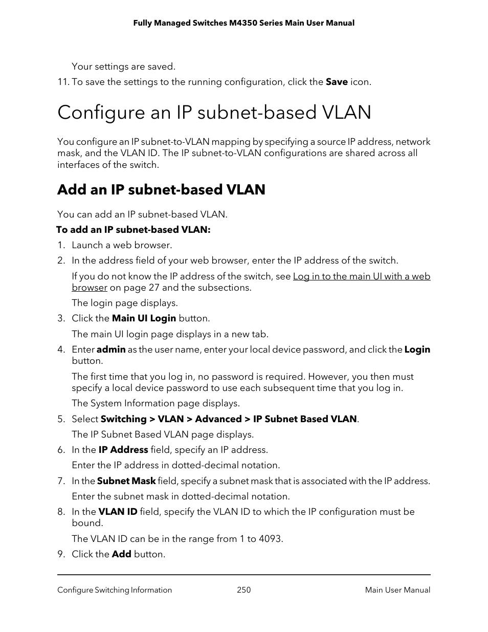 Configure an ip subnet-based vlan, Add an ip subnet-based vlan | NETGEAR M4350-24F4V 24-Port 10G SFP+ Managed AV Network Switch User Manual | Page 250 / 971