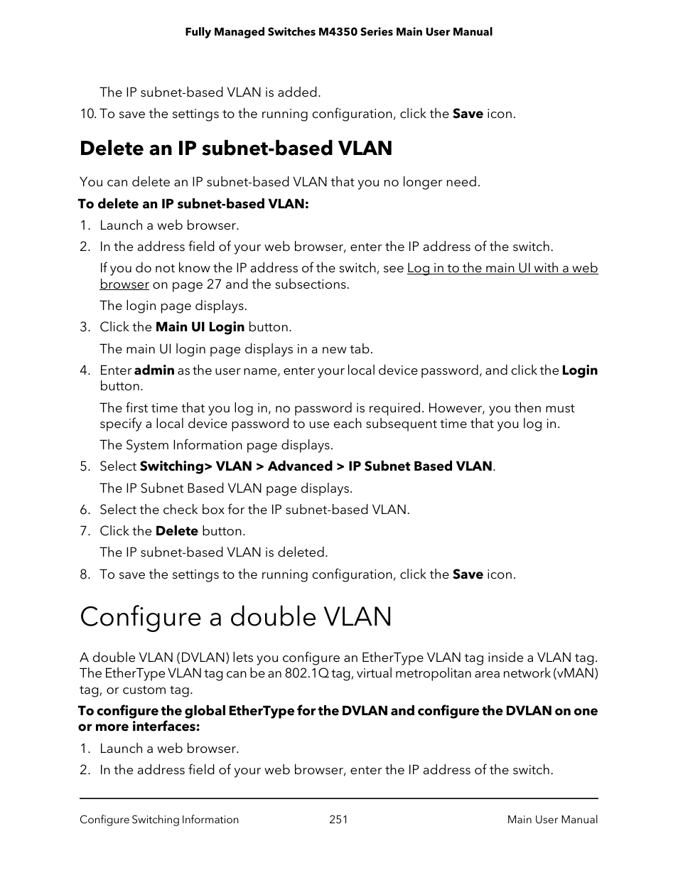 Delete an ip subnet-based vlan, Configure a double vlan | NETGEAR M4350-24F4V 24-Port 10G SFP+ Managed AV Network Switch User Manual | Page 251 / 971