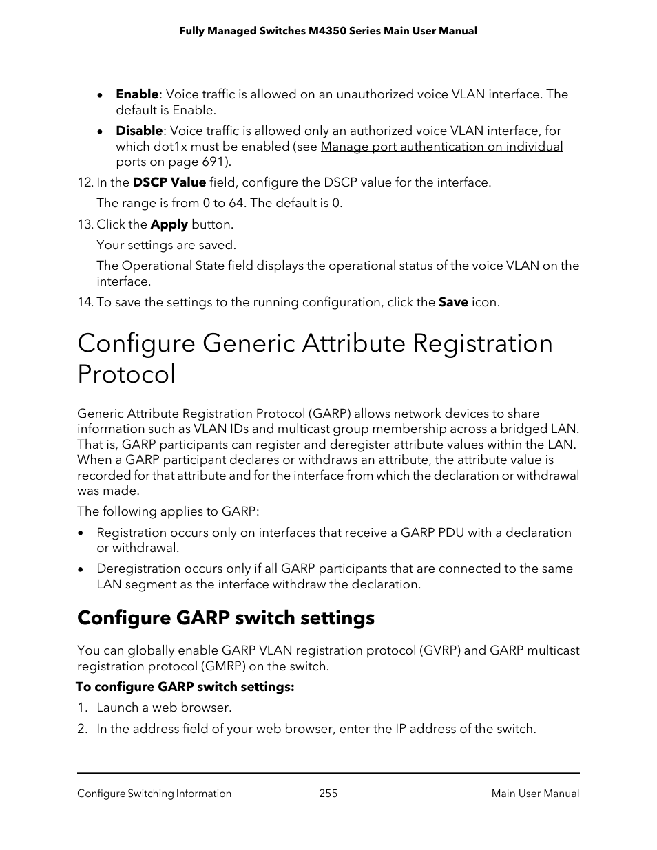 Configure generic attribute registration protocol, Configure garp switch settings | NETGEAR M4350-24F4V 24-Port 10G SFP+ Managed AV Network Switch User Manual | Page 255 / 971