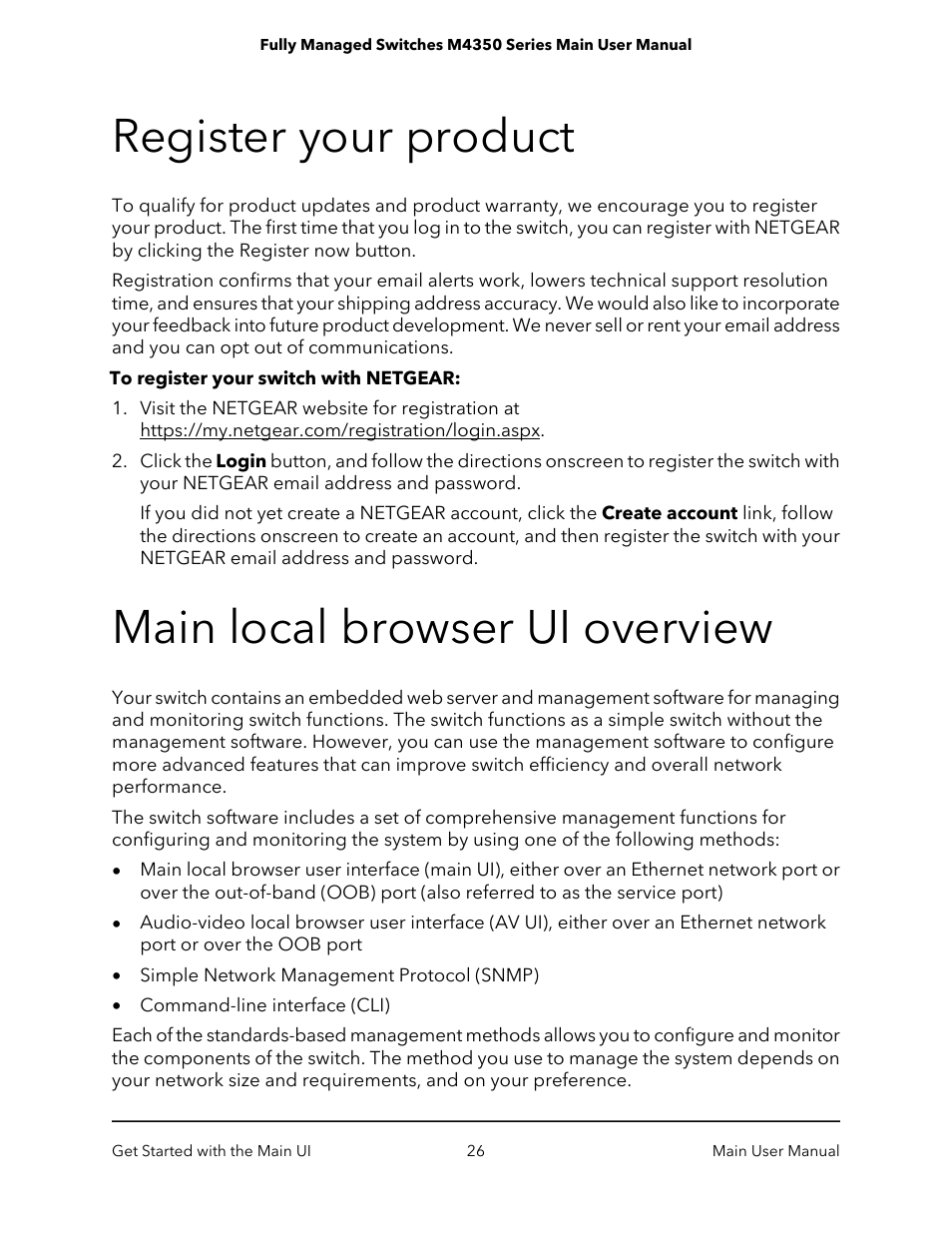 Register your product, Main local browser ui overview | NETGEAR M4350-24F4V 24-Port 10G SFP+ Managed AV Network Switch User Manual | Page 26 / 971