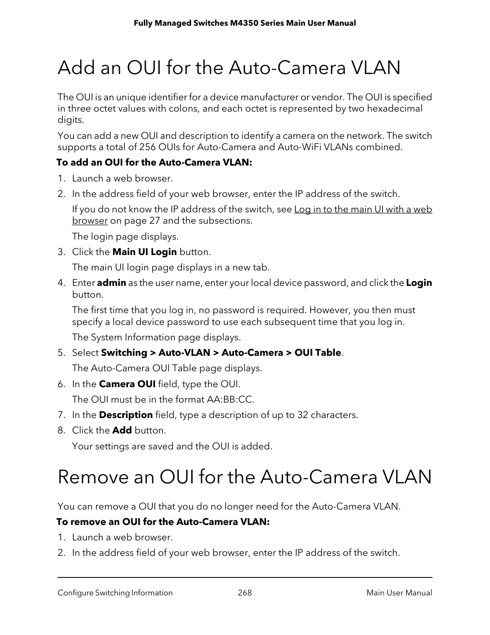 Add an oui for the auto-camera vlan, Remove an oui for the auto-camera vlan | NETGEAR M4350-24F4V 24-Port 10G SFP+ Managed AV Network Switch User Manual | Page 268 / 971