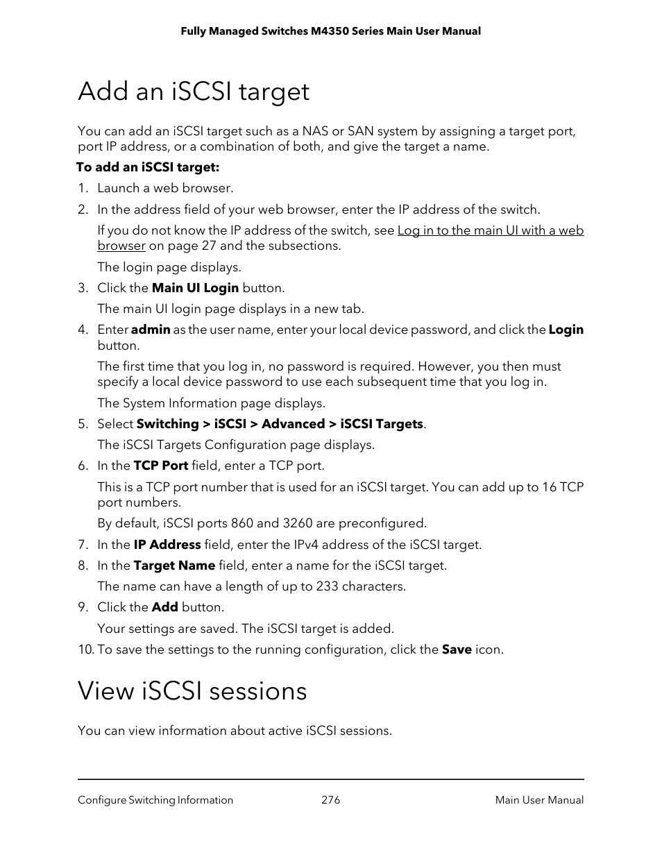 Add an iscsi target, View iscsi sessions, Add an iscsi target view iscsi sessions | NETGEAR M4350-24F4V 24-Port 10G SFP+ Managed AV Network Switch User Manual | Page 276 / 971