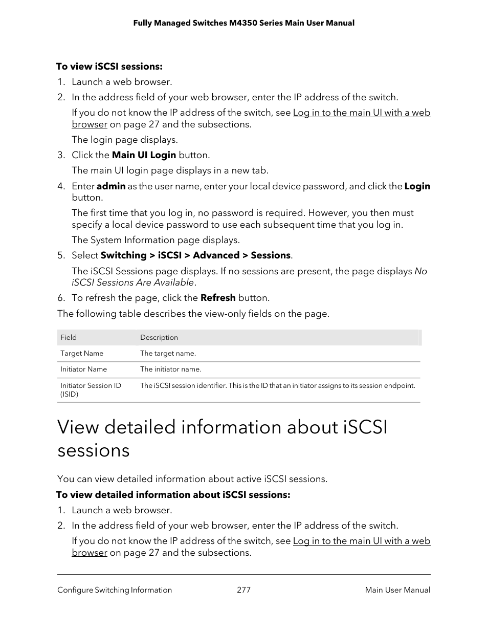 View detailed information about iscsi sessions | NETGEAR M4350-24F4V 24-Port 10G SFP+ Managed AV Network Switch User Manual | Page 277 / 971