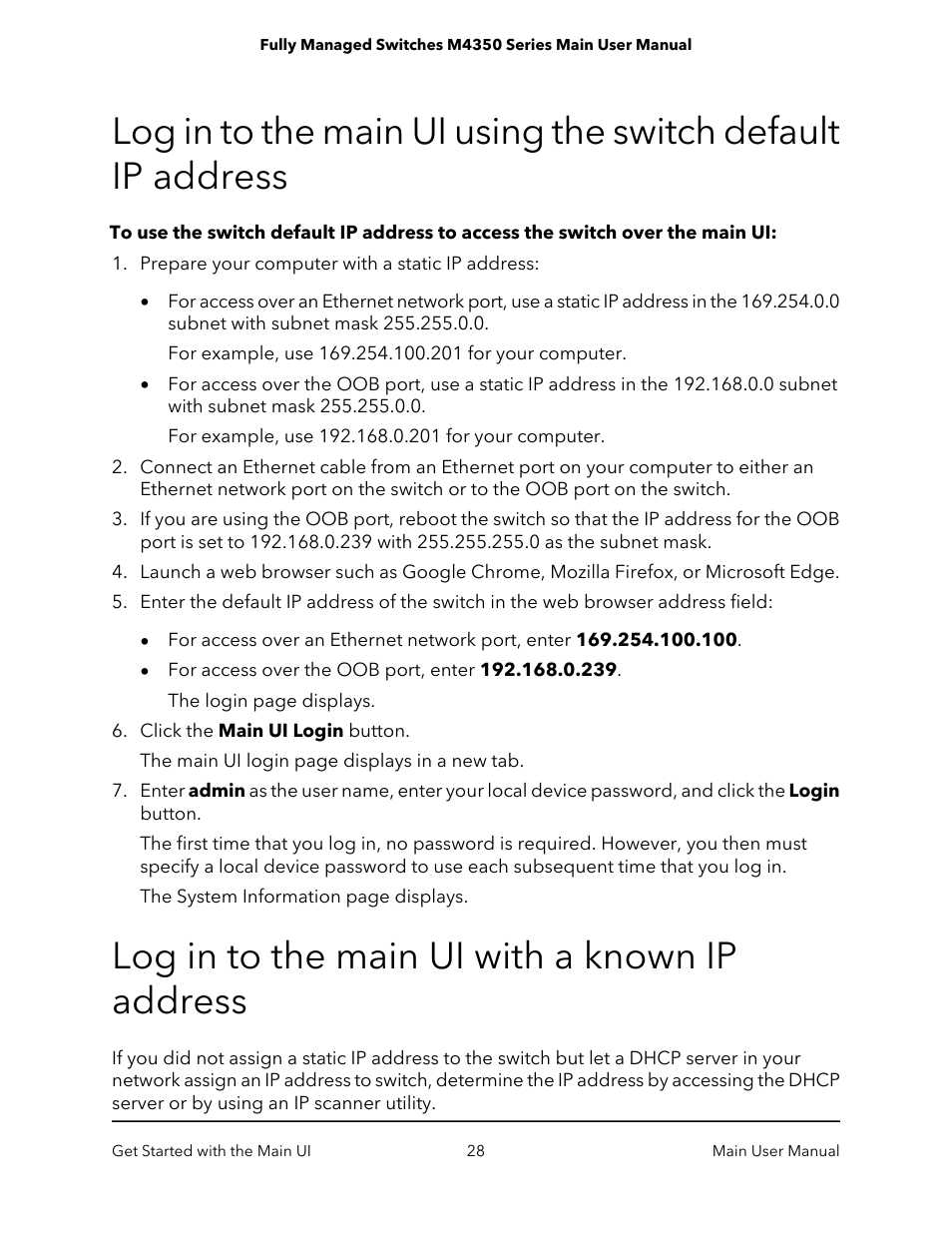 Log in to the main ui with a known ip address | NETGEAR M4350-24F4V 24-Port 10G SFP+ Managed AV Network Switch User Manual | Page 28 / 971