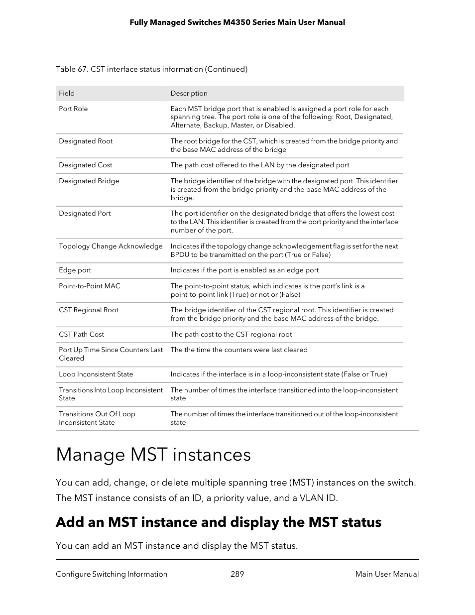 Manage mst instances, Add an mst instance and display the mst status | NETGEAR M4350-24F4V 24-Port 10G SFP+ Managed AV Network Switch User Manual | Page 289 / 971