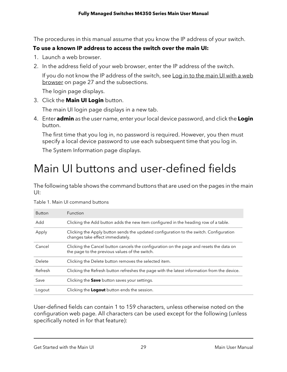 Main ui buttons and user-defined fields | NETGEAR M4350-24F4V 24-Port 10G SFP+ Managed AV Network Switch User Manual | Page 29 / 971